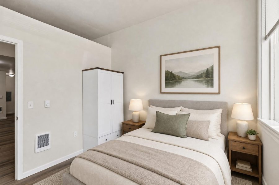 Unit 2 bedroom from the opposite corner, virtually staged, showing the built-in wardrobe