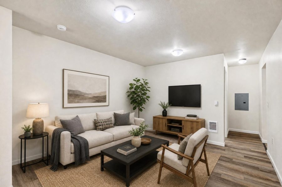 Unit 2 living room, virtually staged with a sofa, armchair, and media console