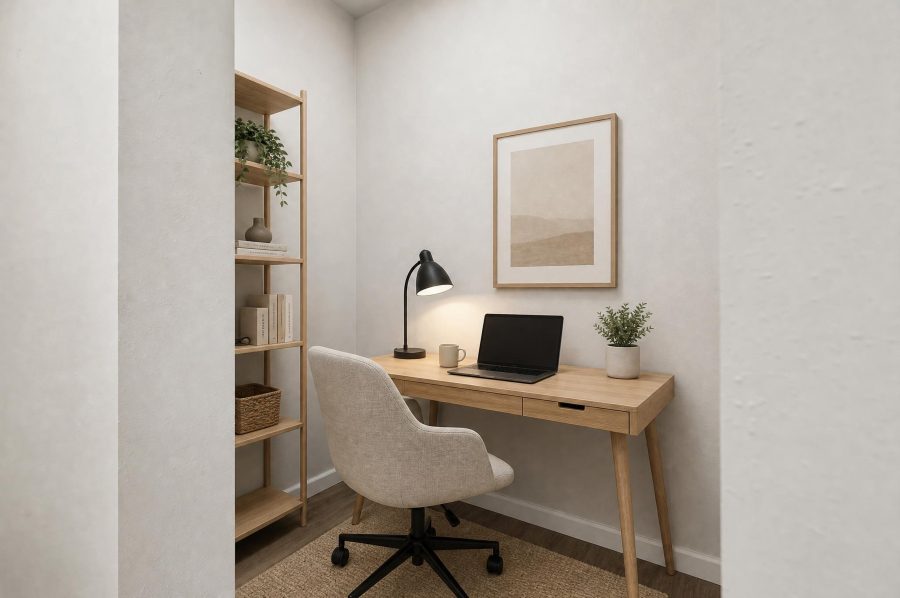 Unit 2 bonus nook, virtually staged as a home office with a desk and shelving